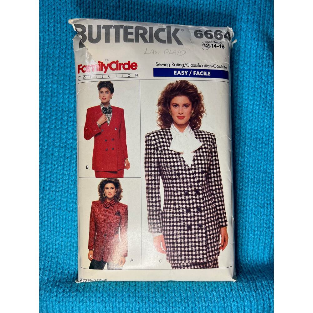 Butterick Sewing pattern 6664 Blazer double breasted 1980s size 12